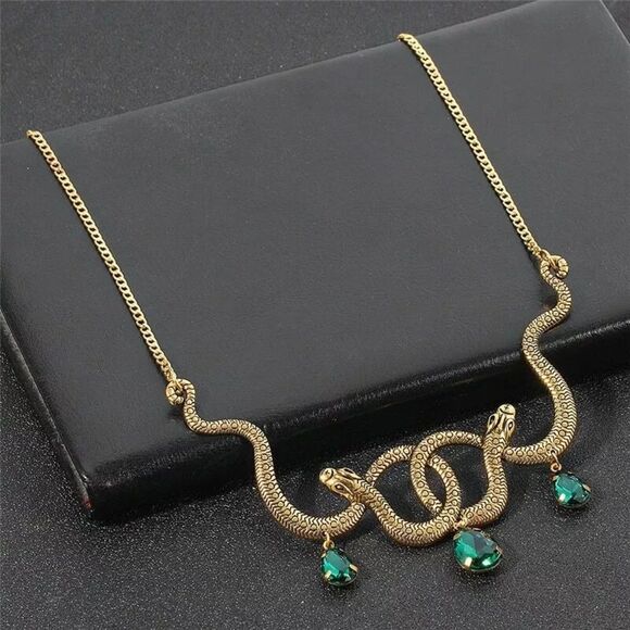 Anthro Vintage Inspired Gold Snake Necklace With Green Gemstones - Picture 9 of 14